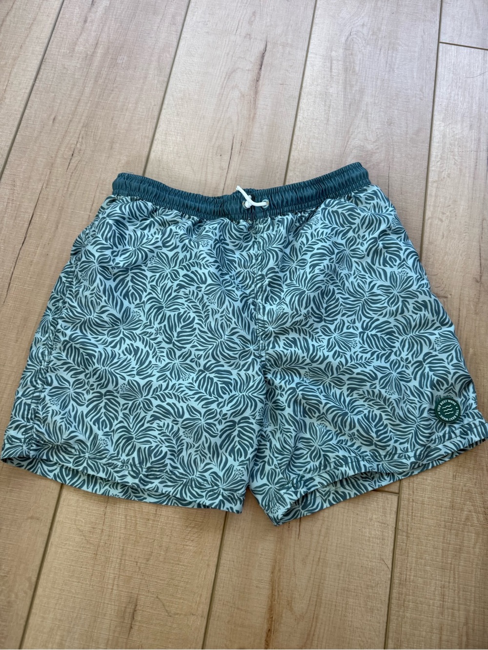 Zara Teal and White Leaf-Print Swim Trunks